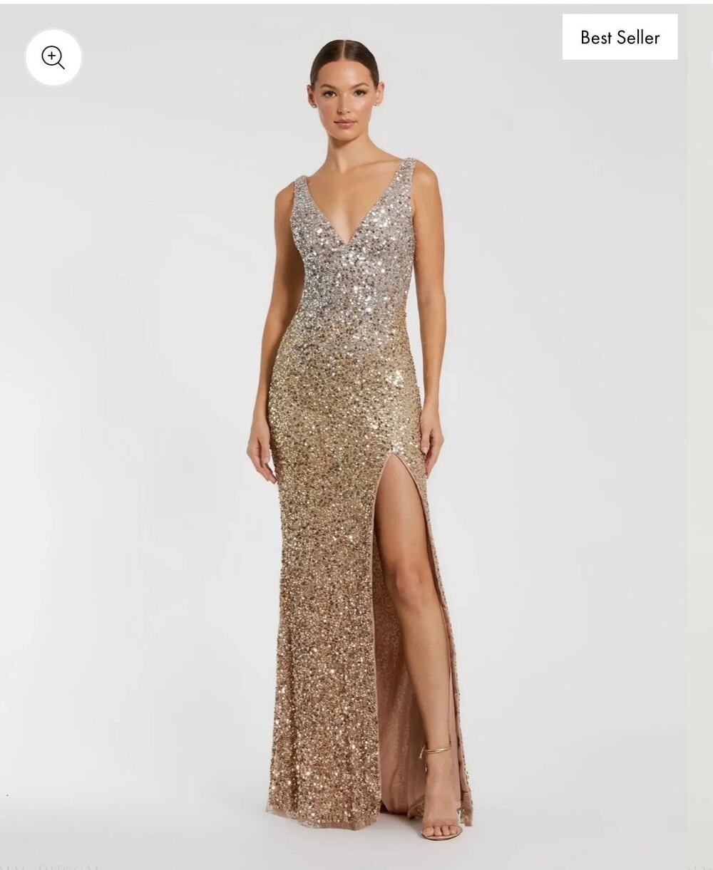MAC DUGGAL Sleeveless Sequin V-Neck Slit Gown In Gold Size 8 NWT